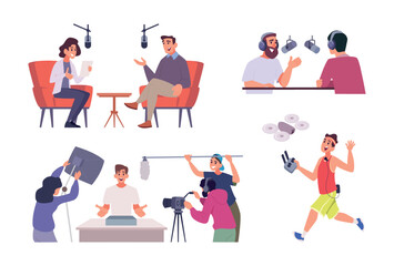 Video production. Professional video crew filming operator and assistants actors for movie reporters exact vector media team studio
