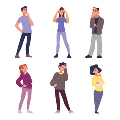 Obraz premium Confused person. People male and female thinking poses exact vector different expression uncertain characters
