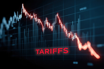 Blue-toned financial chart showing a sharp red decline line due to tariffs, with dramatic lighting.


