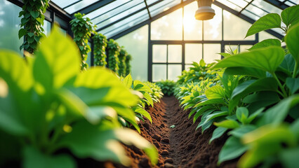 green plants thrive sunlit greenhouse lush foliage filtered