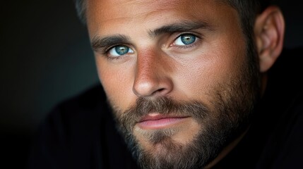 Obraz premium Close-up portrait of a man with piercing blue eyes and a well-groomed beard. His gaze is direct and intense, against a dark background