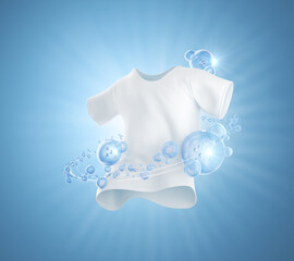 White casual shirts washed in clean water with molecule in liquid bubble, Detergent cleaner, 3d rendering.