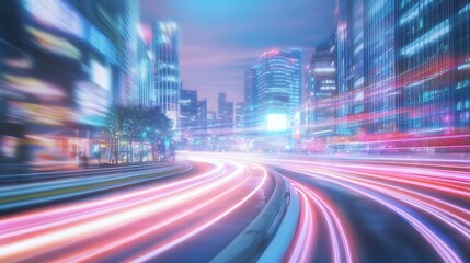 Obraz premium Futuristic Cityscape Vibrant Nightscape with Speeding Traffic and Neon Lights