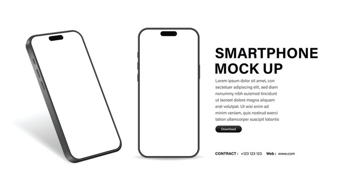 Realistic smartphone mockup. Mobile phone vector with isolated on white background. Device front view. 3D mobile phone with shadow. Realistic, high quality smart phone mockup for ui ux presentation.