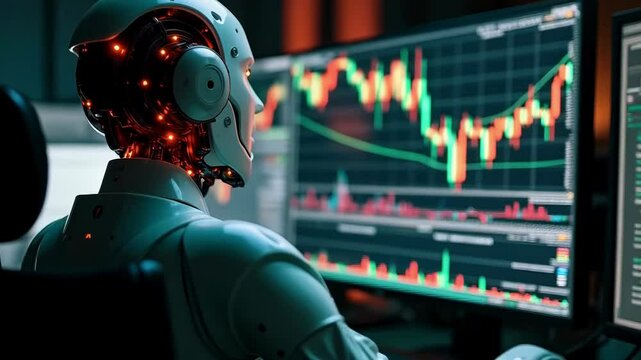 Multiple screens display stock market trends and trading charts in a financial office. Analysts monitor data and make strategies in a dynamic work environment during the evening