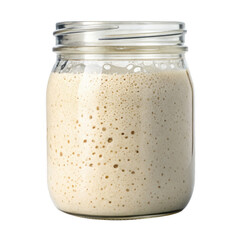 glass jar filled with bubbly sourdough starter, showcasing its active fermentation process, isolated on transparency background