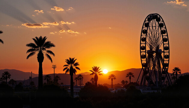 Ferris wheel silhouette at sunset with palm trees in background  