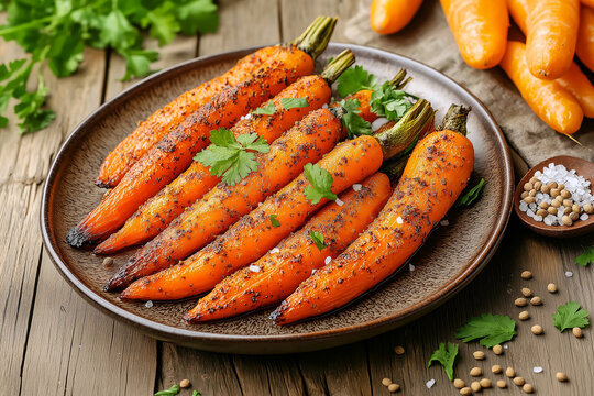 Roasted Carrots with Cumin and Coriander served on a ceramic plate, with crispy, caramelized edges, coated with a blend of cumin and coriander spices.