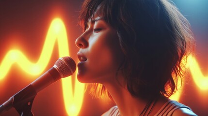 Naklejka premium A female singer delivers a passionate performance on stage, microphone in hand, bathed in light.