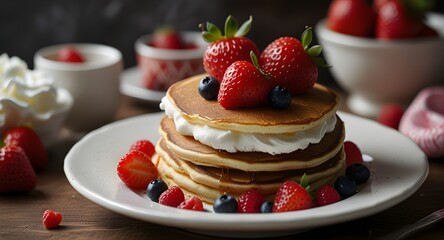Valentine's Day breakfast on a heart-shaped plate featuring pancakes, fresh strawberries, and a dollop of whipped cream.   