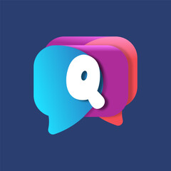 Letter Q chat app logo at colorful watercolor splash background. Color multiply style. Bubble speech vector typeface for labels, headlines, posters, cards etc.