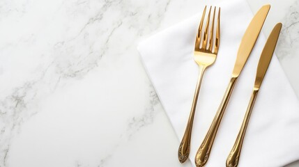 Gold Cutlery on White Napkin, Marble Tabletop. Possible Use Restaurant, Cafe, Catering stock photo