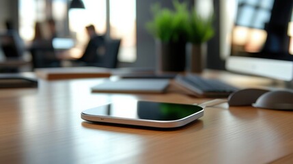 Modern Office Desk with Smartphone Charging on Wooden Surface