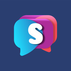 Letter S chat app logo at colorful watercolor splash background. Color multiply style. Bubble speech vector typeface for labels, headlines, posters, cards etc.