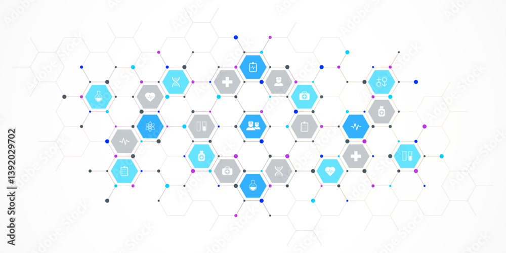 Wall mural medical background and healthcare technology with flat icons and symbols. concept and idea for healt