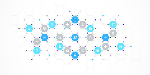 Medical background and healthcare technology with flat icons and symbols. Concept and idea for health care business, innovation medicine, health safety, science, medical research, and development.