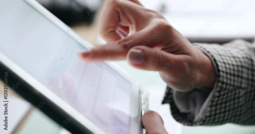 Poster tablet, screen typing and hands of business woman for online project, website review and social netw