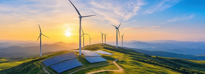 Rows of solar panels and several wind turbines are spread across a green hilltop, illuminated by the warm glow of a sunset. The stunning landscape highlights the commitment to sustainable energy © Tamara