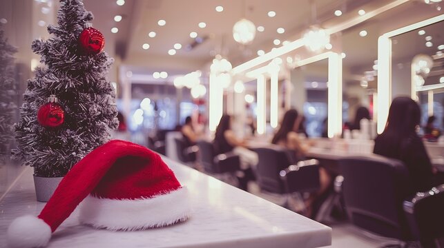 Christmas promotion for beauty industry services, featuring a beauty salon and Santa hat