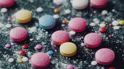 Fototapeta premium Colorful pills scattered on a dark surface (1)