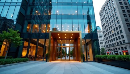 Naklejka premium Glass facade of a skyscraper entrance in the business district, business district, urban