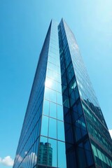 Obraz premium Glass facade of contemporary office skyscraper with clear blue sky background, business, building