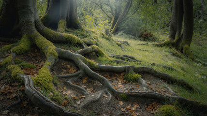 Roots intertwining with lush greenery in a serene forest during early morning