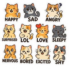 Colorful and Expressive Cat Emotion Stickers for Fun and Creative Communication, Featuring Happy, Sad, Angry, Sleepy, and More Cat Expressions