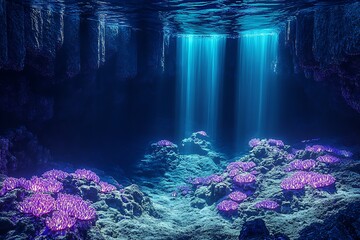 Obraz premium A serene ocean trench drowning in glowing streams of cyan and lavender, with luminous coral formations glowing faintly below.