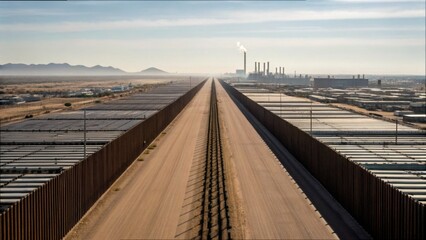 Aerial View of Border Wall Dividing Landscape and Industrial Area