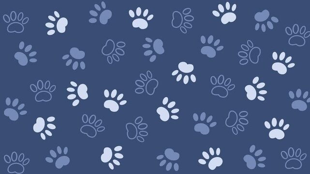 Pattern with footprints, abstract blue background for pet store websites. Looped monochrome animal animation.