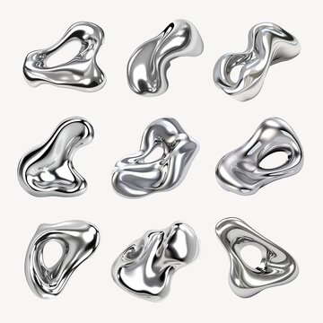 3D liquid chrome abstract shape design element set