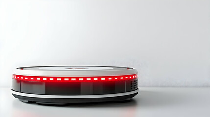 assistant gadget with glowing eyes, levitating above a white surface