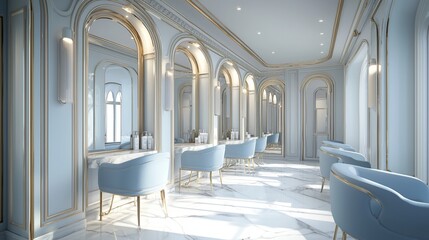 The interior of an elegant beauty salon showcases a skilled stylist carefully applying makeup to a client's face, resulting in a well-lit and vibrant atmosphere with room for text