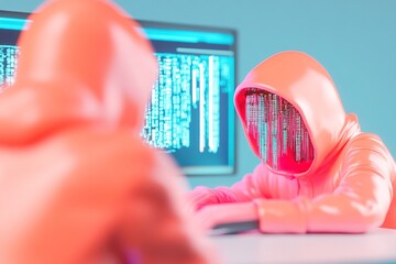 Cyber intruder analyzing code on computer screens