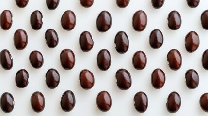 Fototapeta premium Unique Arrangement of Glossy Dark Brown Beans on a White Surface for Food Illustrations