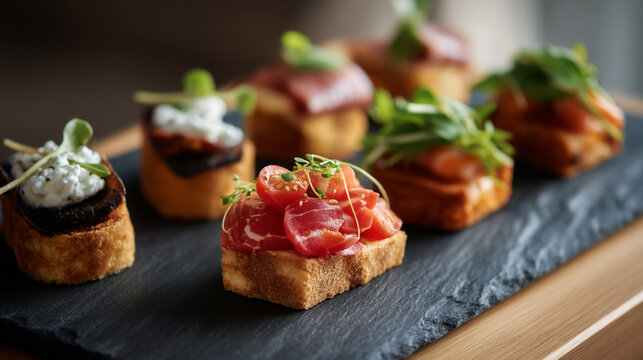 Close up of assorted bruschetta appetizers on a black slate board ready to be served for guests