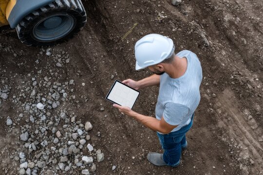 An architect or civil engineer on the construction site is checking the schedule with a tablet computer