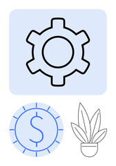 Gear for progress, coin with dollar for financial success, and potted plant for growth. Ideal for business, strategy, savings, innovation, productivity ecology stability. Flat simple metaphor