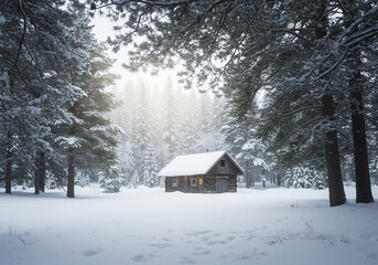 Winter Cabin in Snowy Forest Cozy Log Home, Snow-Covered Trees, Peaceful Winter Landscape.