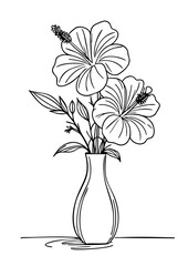 Hibiscus Flower Vase Line Drawing – Floral Coloring Page for Kids and Adults, Printable Botanical Art