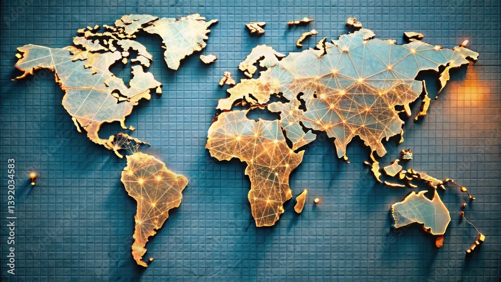 Aufkleber stunning global map display on textured wall with illuminated lines
