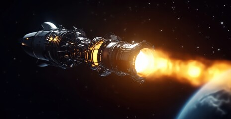 Naklejka premium Interstellar Voyage: A futuristic spacecraft propelled by a powerful engine streaks through the vastness of space. Flames from the ship's thrusters illuminate the darkness.