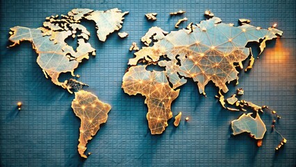 Stunning Global Map Display on Textured Wall with Illuminated Lines