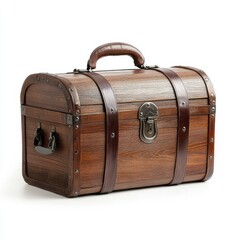 A vintage wooden storage trunk with a rich brown finish and sturdy leather straps sits on a white background ideal for rustic home decor or travel themed photography projects.
