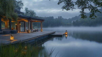 Lakeside retreat with wooden deck and lanterns at dawn, creating serene atmosphere