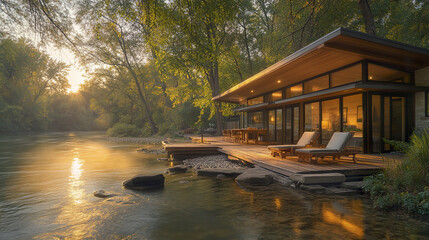 modern riverfront home with open deck and cozy lounge chairs at sunset