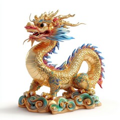 Fototapeta premium Majestic Dragon Statue: A meticulously crafted golden dragon statue, embodying power and prosperity, rests atop ornamental clouds, its vibrant details and regal stance a testament to artistic mastery.