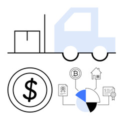 Delivery truck with package, dollar coin, and interconnected financial icons including pie chart and property. Ideal for finance, logistics, investment, trade, economy, business strategy startup