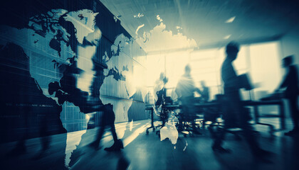 Blurred silhouettes of people in meeting room with world map overlay, conveying sense of global collaboration and connection